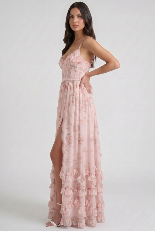 Women's Floral Corset Maxi Dress with Ruffle Hem for Garden Parties