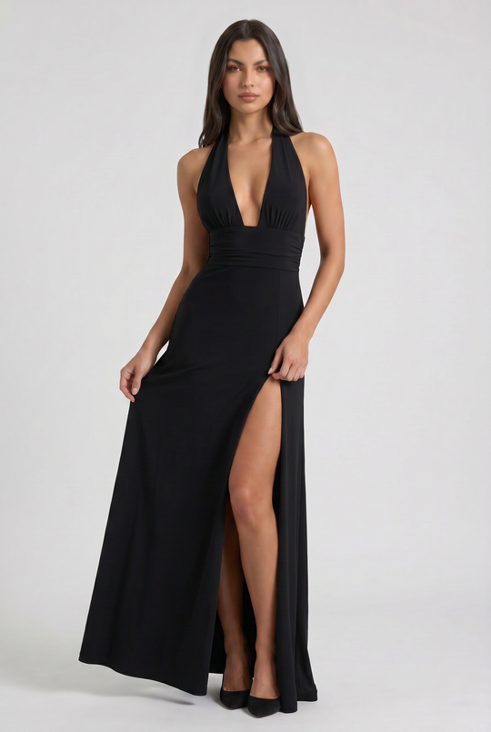 Women's Halter Neck Maxi Dress with High Slit for Evening Occasions