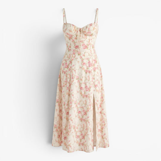 Women's Floral Corset Midi Dress with Side Slit