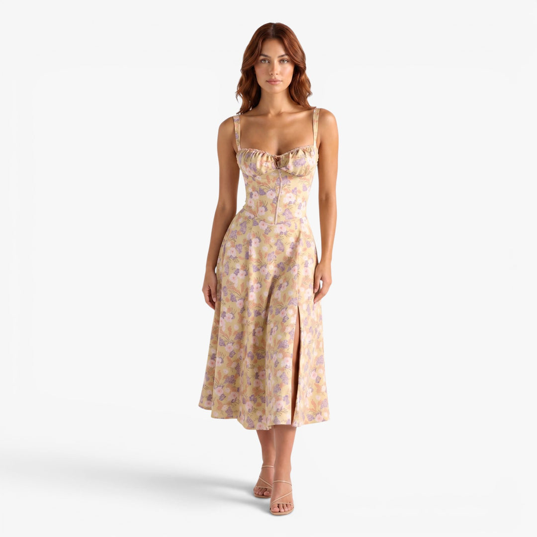 Women's Floral Corset Midi Dress with Side Slit