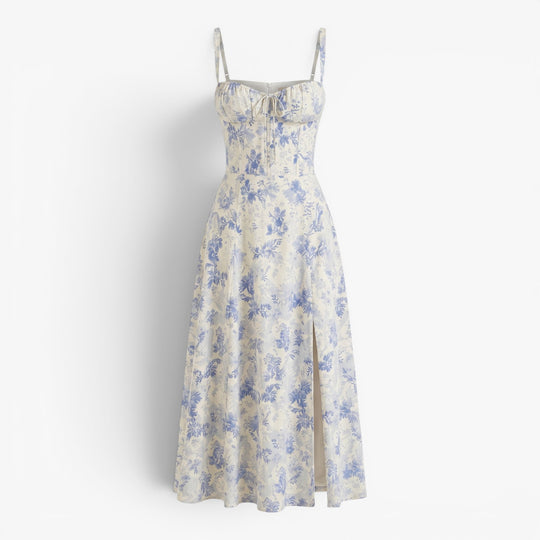 Women's Floral Corset Midi Dress with Side Slit