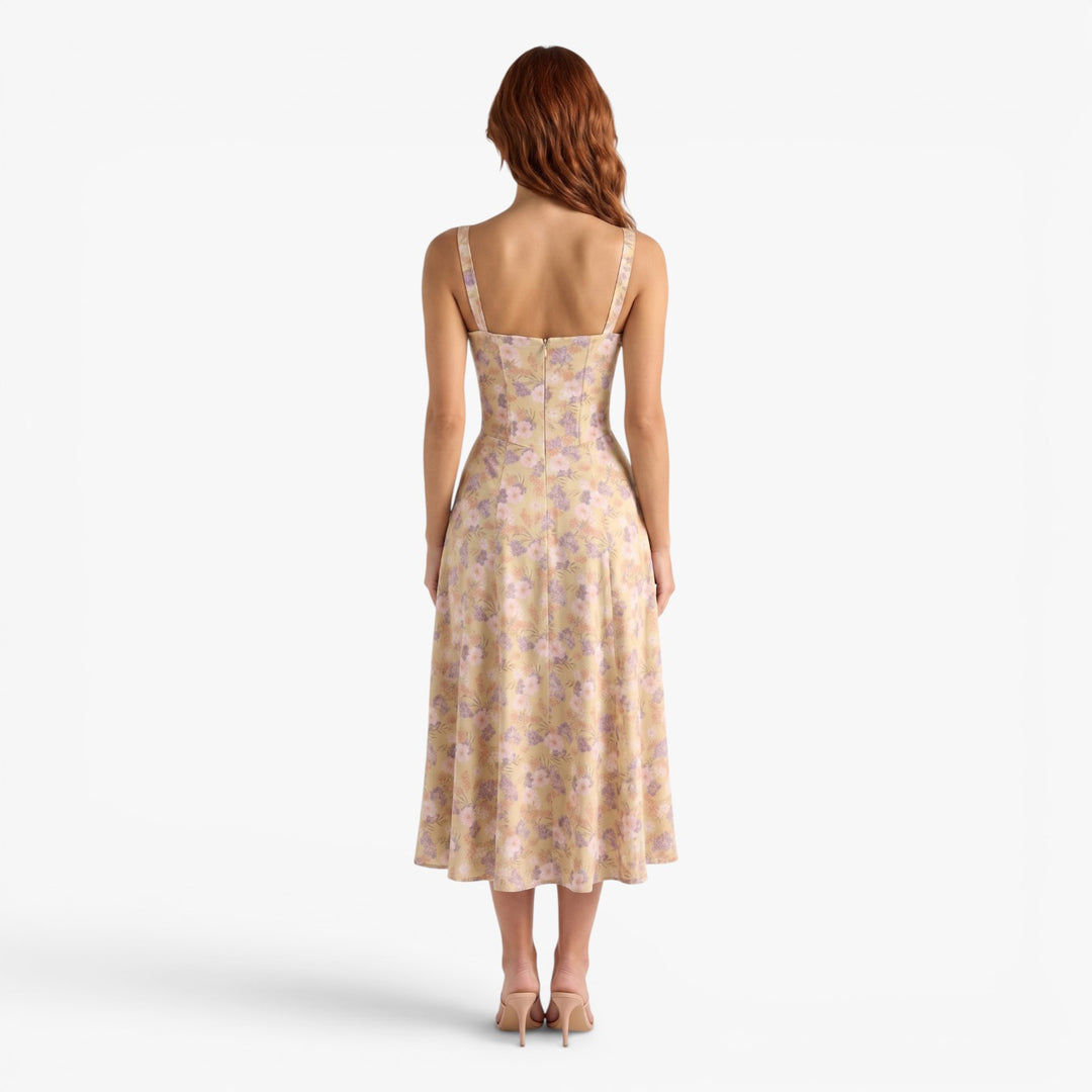 Women's Floral Corset Midi Dress with Side Slit