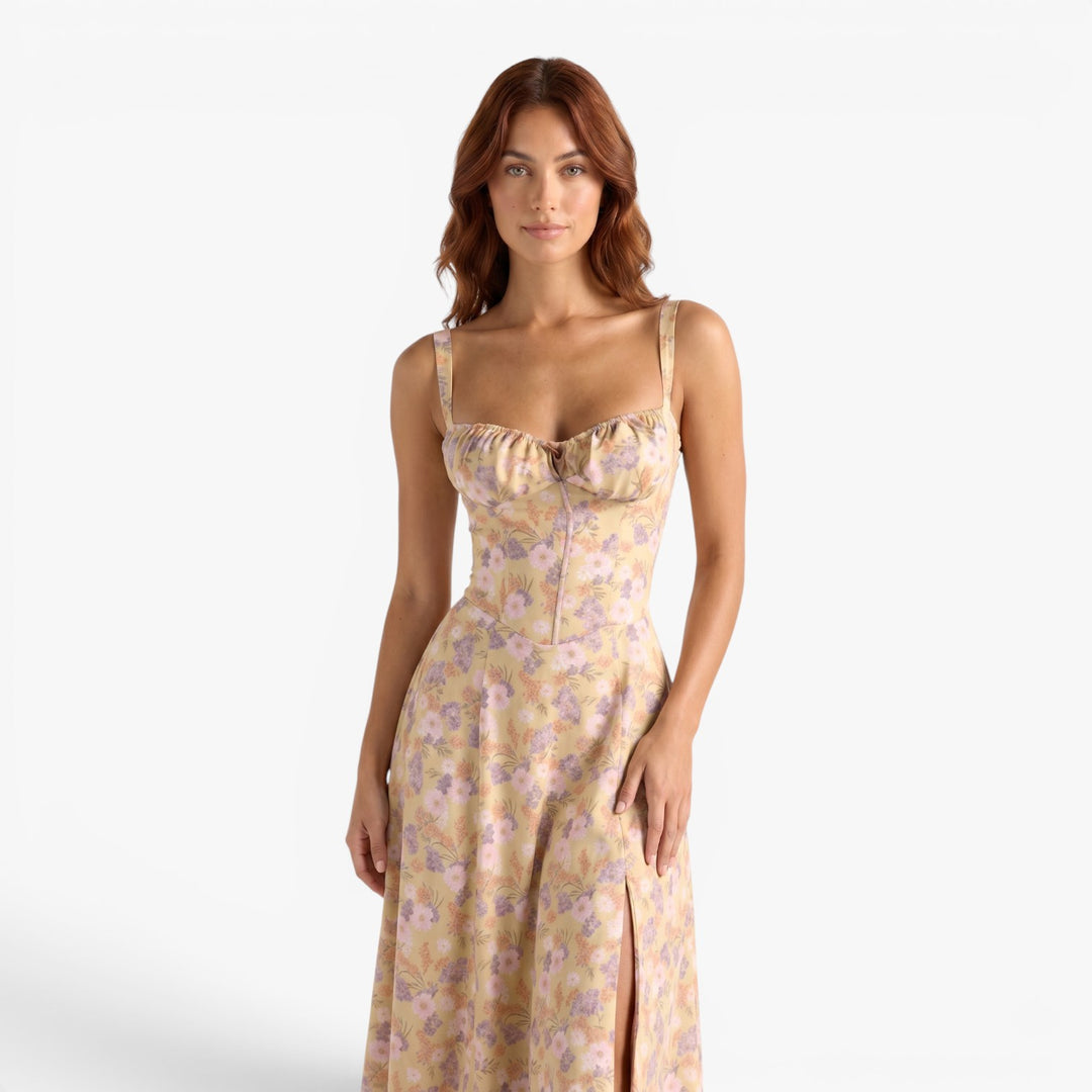 Women's Floral Corset Midi Dress with Side Slit