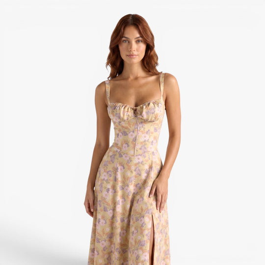 Women's Floral Corset Midi Dress with Side Slit
