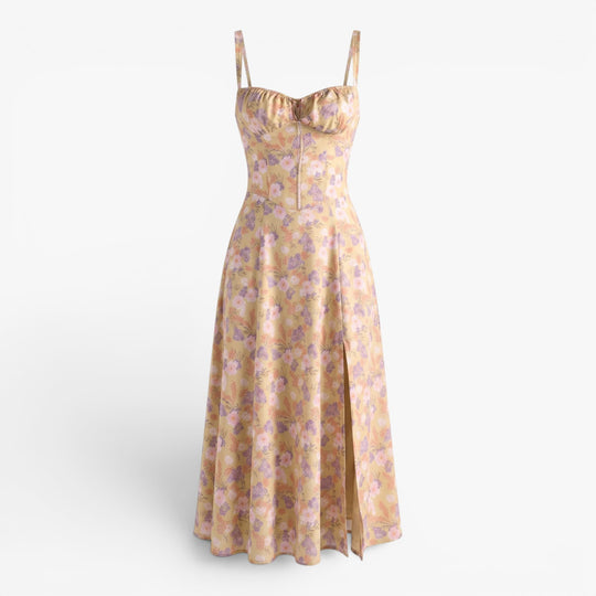 Women's Floral Corset Midi Dress with Side Slit