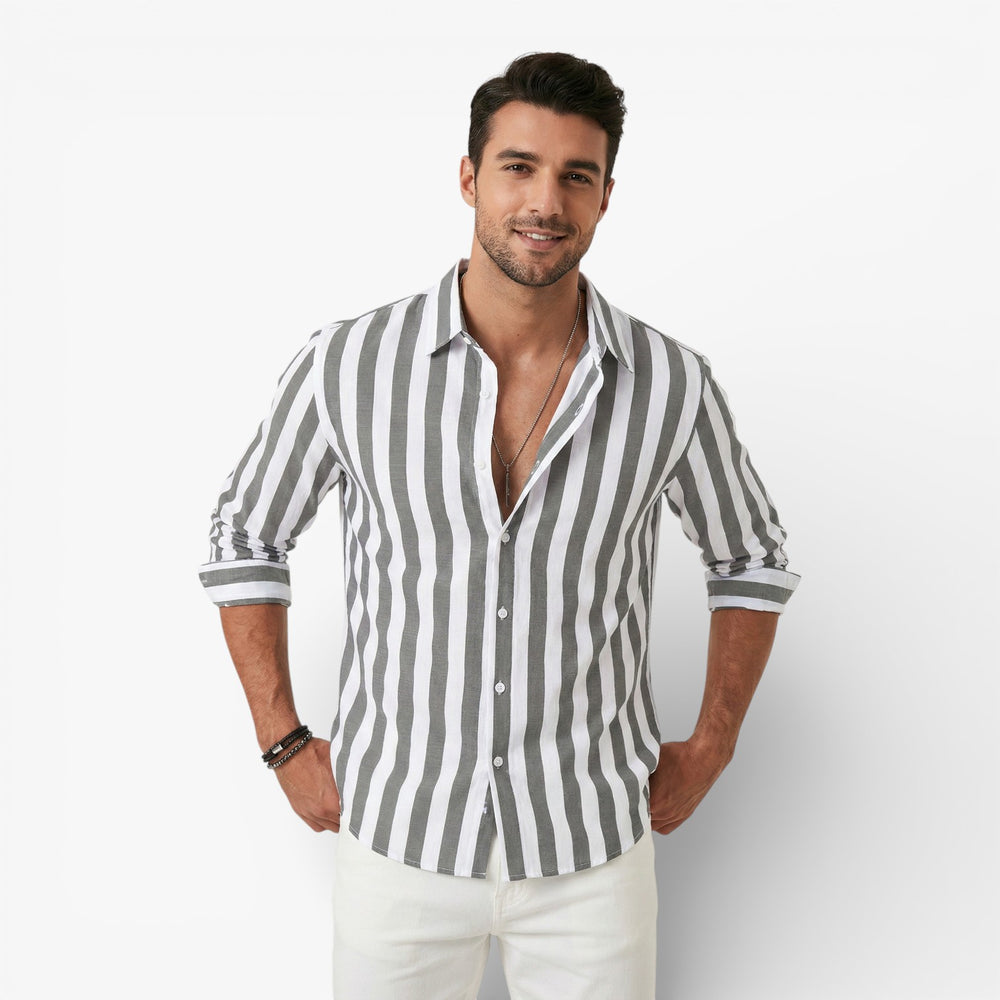Mens Linen Cotton Summer Shirt Light Blue Striped