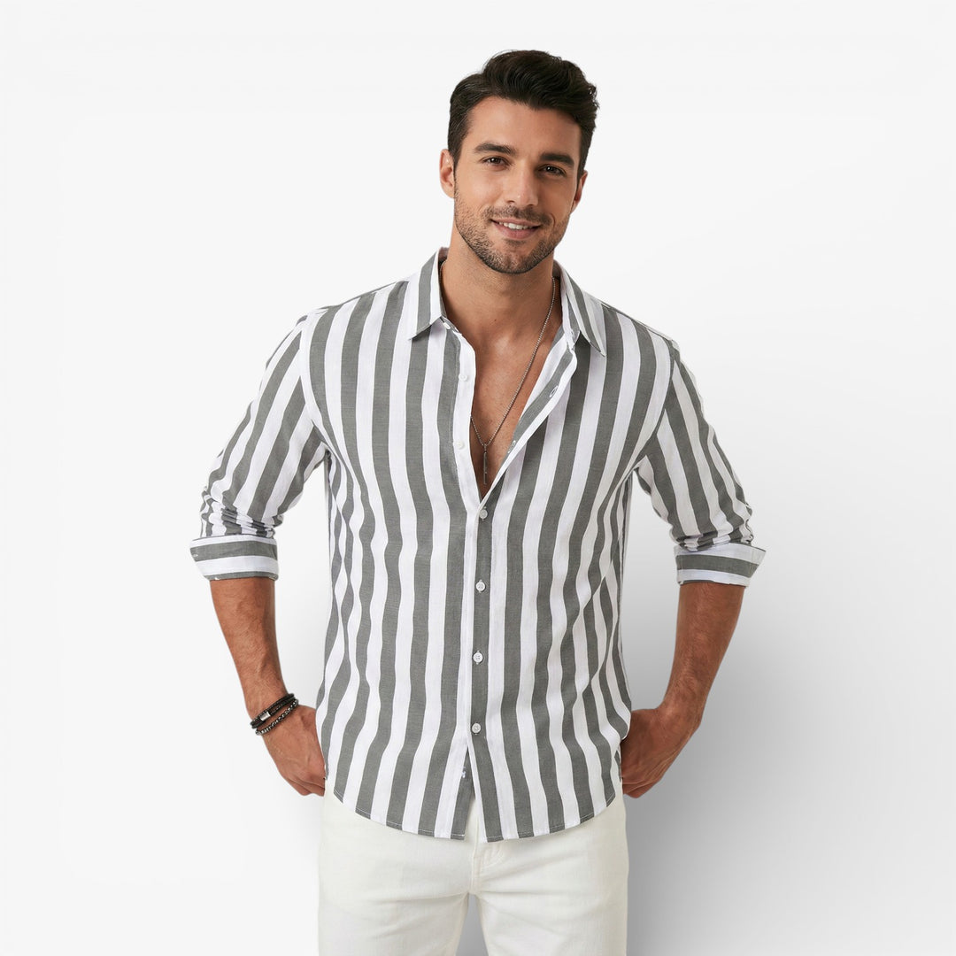 Mens Linen Cotton Summer Shirt Light Blue Striped