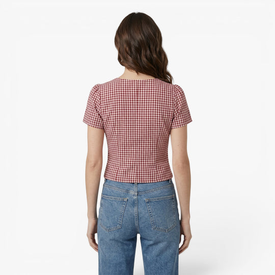 Women's Red Gingham V Neck Button Front Blouse