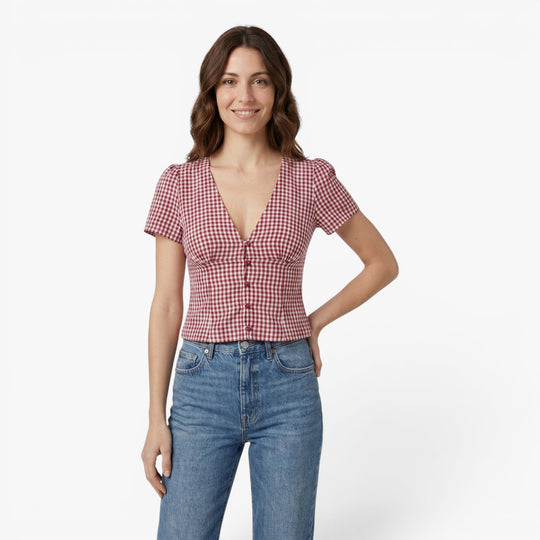 Women's Red Gingham V Neck Button Front Blouse