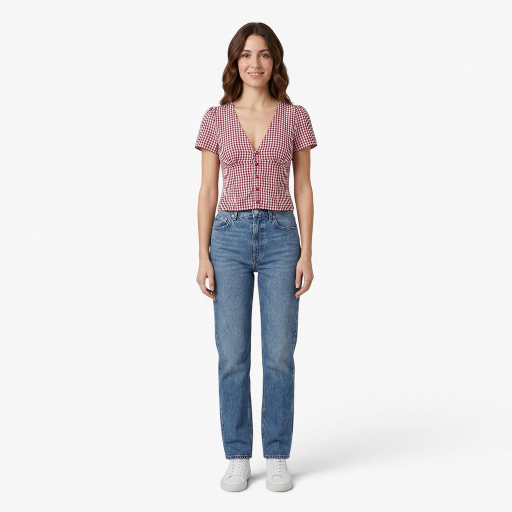 Women's Red Gingham V Neck Button Front Blouse