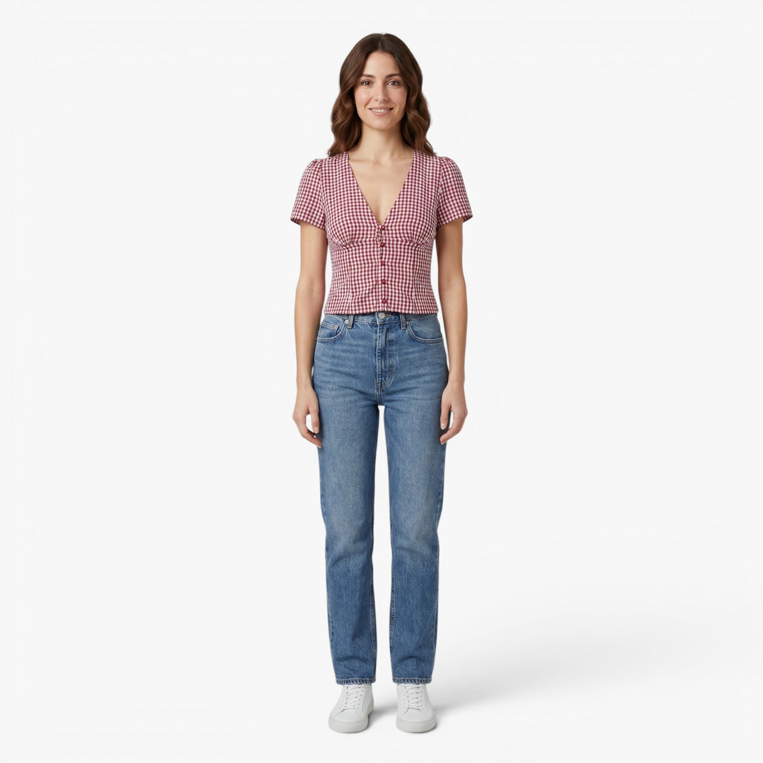 Women's Red Gingham V Neck Button Front Blouse