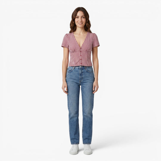 Women's Red Gingham V Neck Button Front Blouse