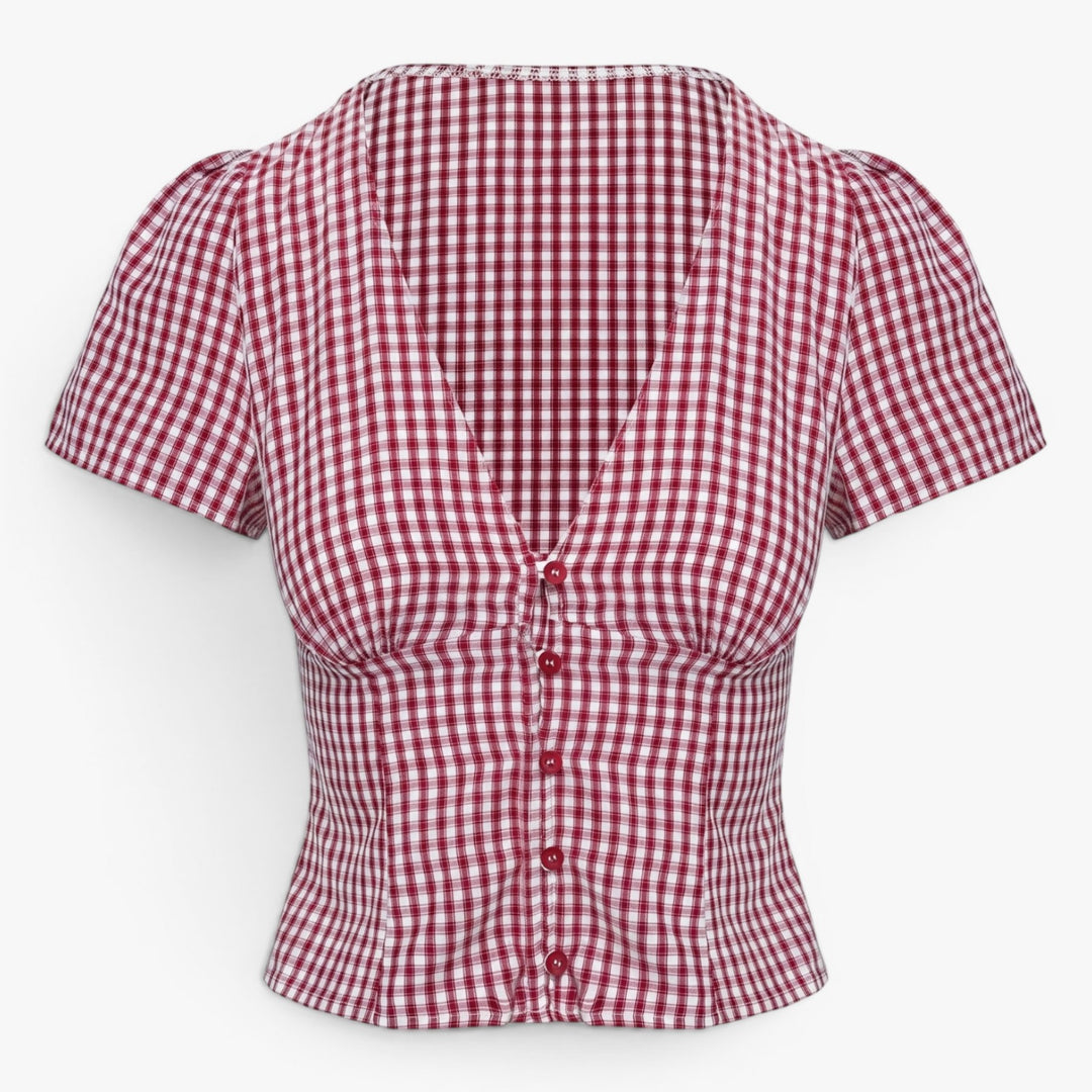 Women's Red Gingham V Neck Button Front Blouse