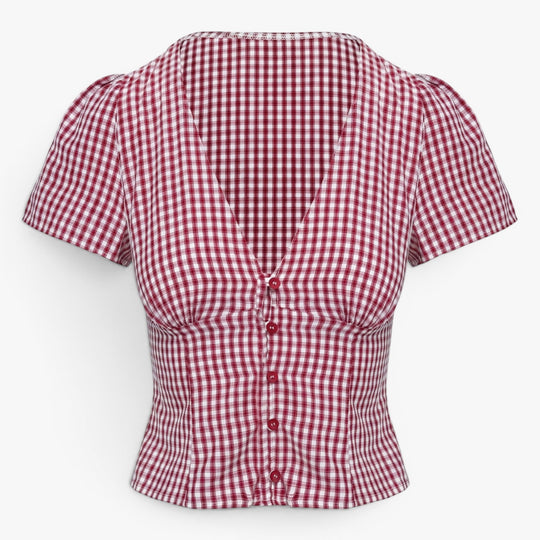 Women's Red Gingham V Neck Button Front Blouse