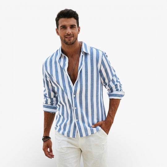 Mens Linen Cotton Summer Shirt Light Blue Striped