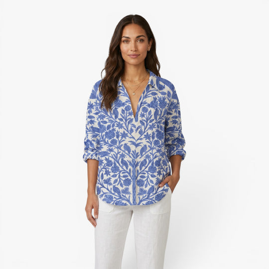 Women's Vintage Botanical Print Button Front Blouse