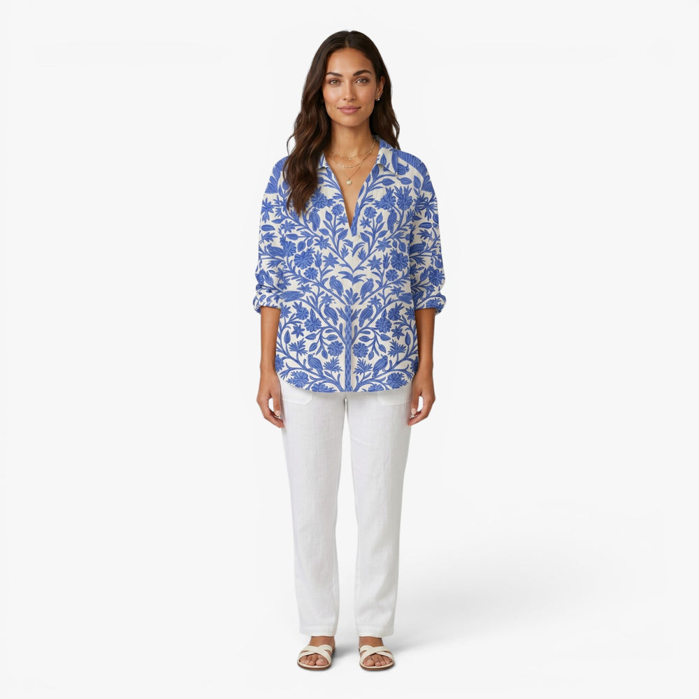 Women's Vintage Botanical Print Button Front Blouse