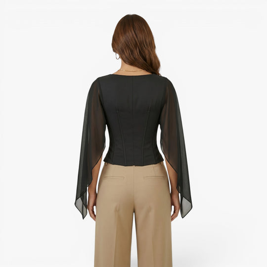 Women's Deep V-Neck Chiffon Sleeve Corset Top