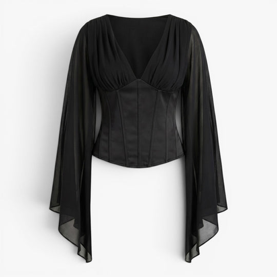 Women's Deep V-Neck Chiffon Sleeve Corset Top