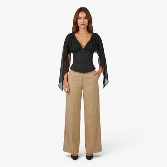 Women's Deep V-Neck Chiffon Sleeve Corset Top