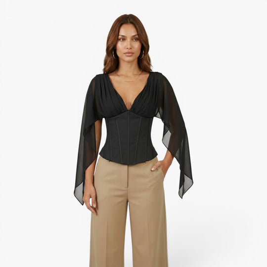 Women's Deep V-Neck Chiffon Sleeve Corset Top