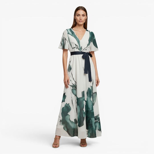 Damen Maxikleid mit Aquarelldruck und Taillengürtel
