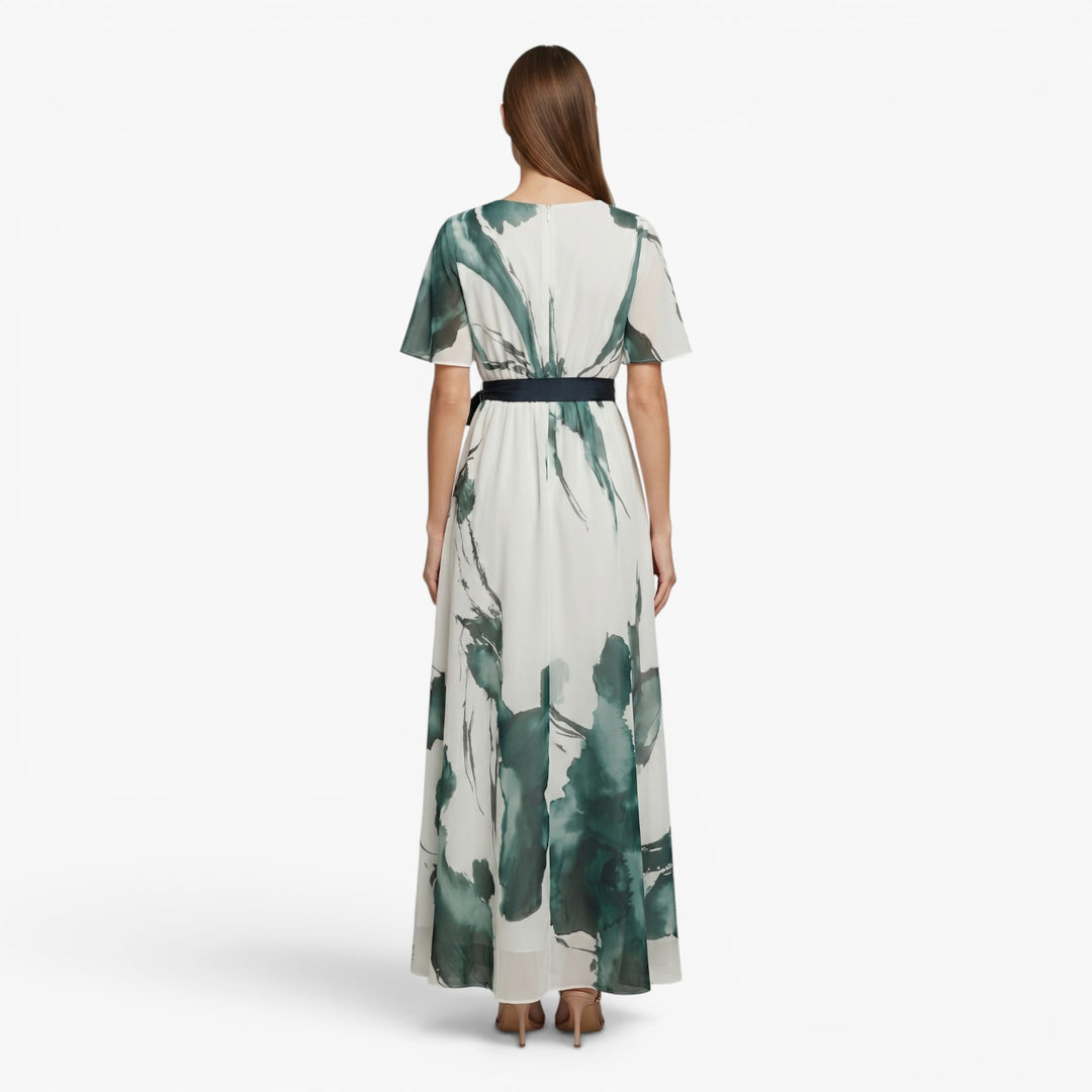 Damen Maxikleid mit Aquarelldruck und Taillengürtel