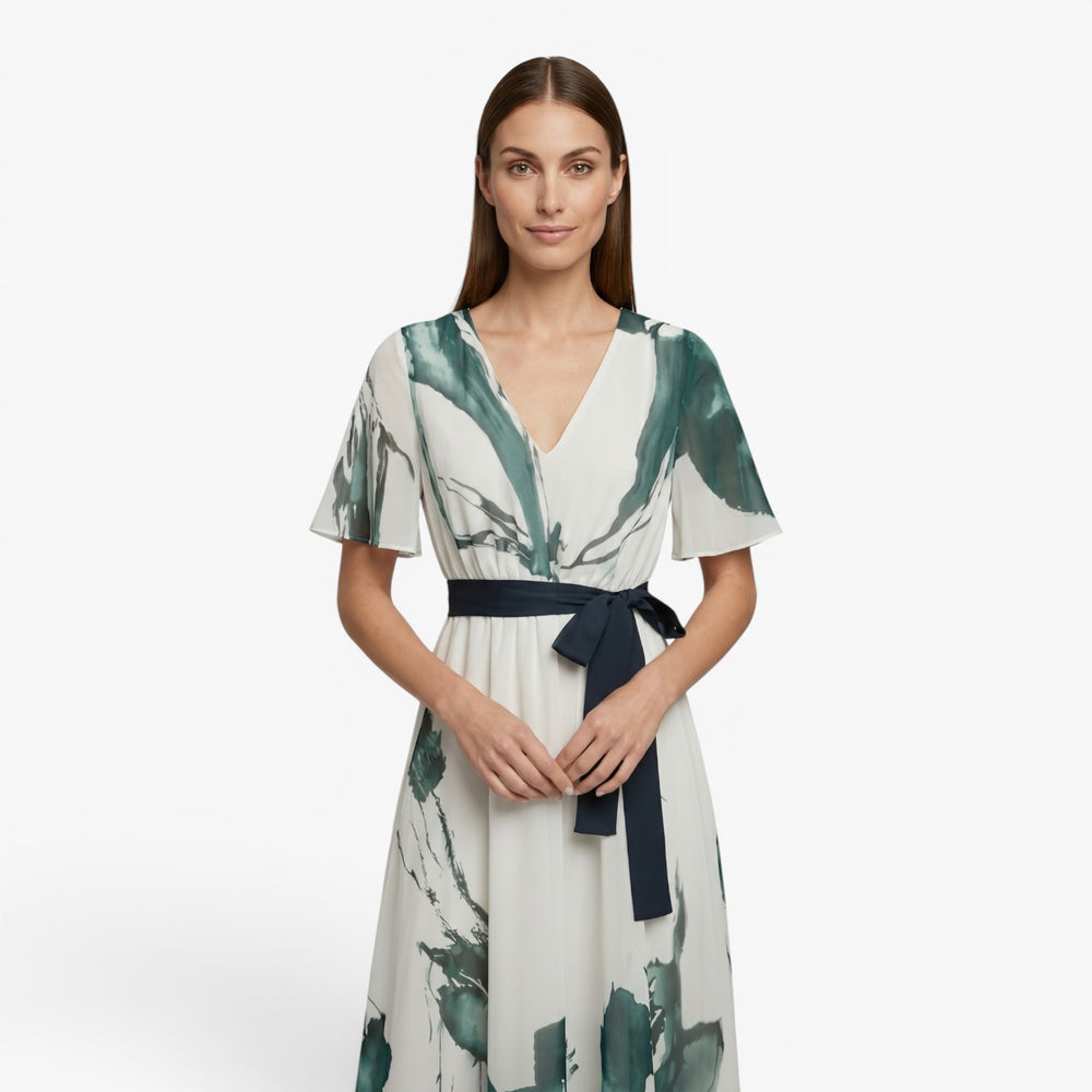 Damen Maxikleid mit Aquarelldruck und Taillengürtel