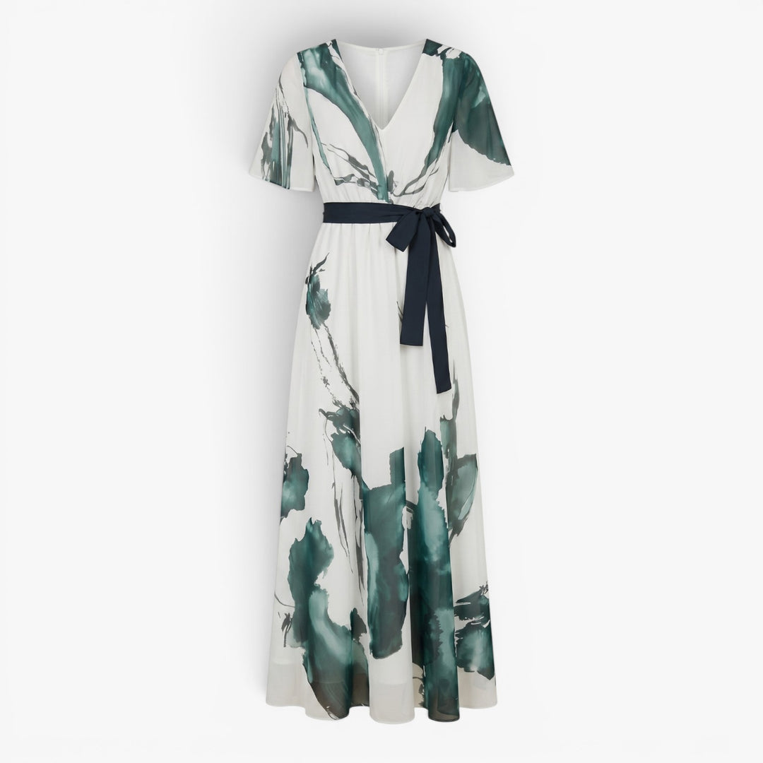 Damen Maxikleid mit Aquarelldruck und Taillengürtel