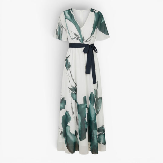 Damen Maxikleid mit Aquarelldruck und Taillengürtel