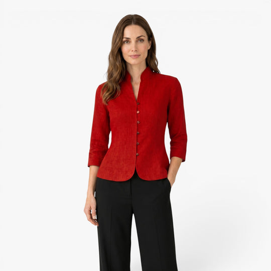 Damen Scharlachrotes Mandarin-Kragen Tailliertes Blusenshirt