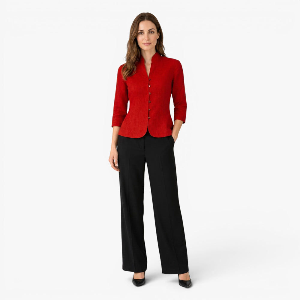 Damen Scharlachrotes Mandarin-Kragen Tailliertes Blusenshirt