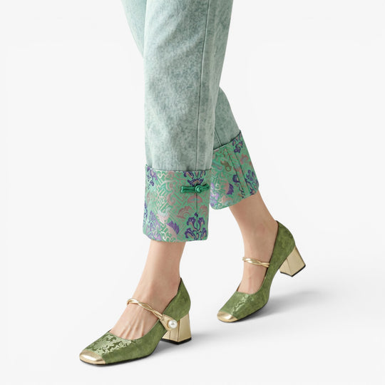 Women's Floral Jacquard Block Heel Mary Jane Pumps