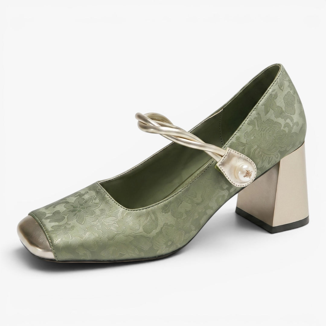 Women's Floral Jacquard Block Heel Mary Jane Pumps