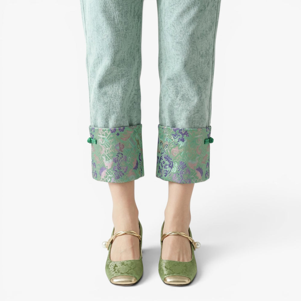 Women's Floral Jacquard Block Heel Mary Jane Pumps