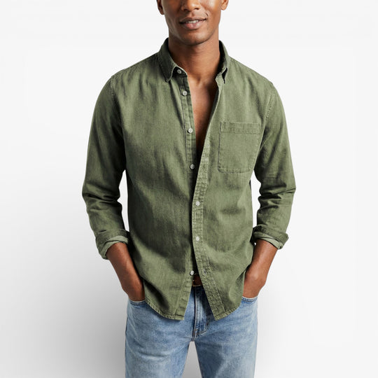 Navy Blue Long-Sleeve Button-Down Shirt for Men