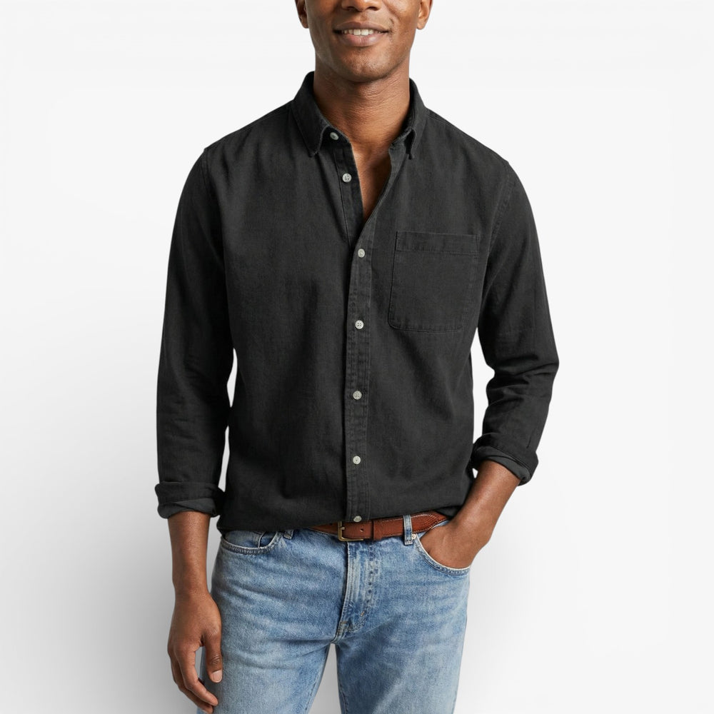 Navy Blue Long-Sleeve Button-Down Shirt for Men
