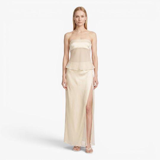 Women's Strapless Sheer Layered Maxi Dress