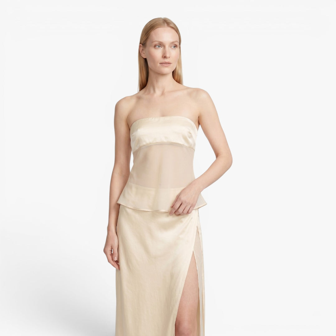 Women's Strapless Sheer Layered Maxi Dress