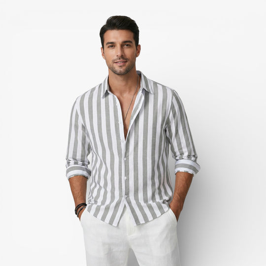 Mens Linen Cotton Summer Shirt Light Blue Striped
