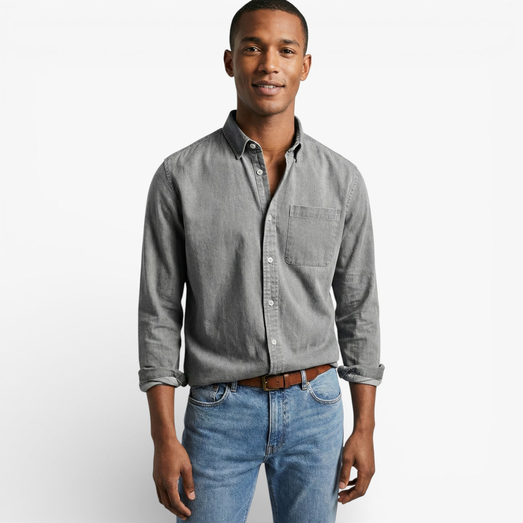Navy Blue Long-Sleeve Button-Down Shirt for Men
