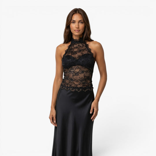 Women's Floral Lace Halter Neck Sheer Top