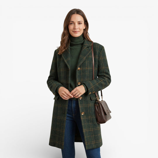 Women's Stylish Checked Long Wool Coat with Tailored Fit and Lightweight Warmth