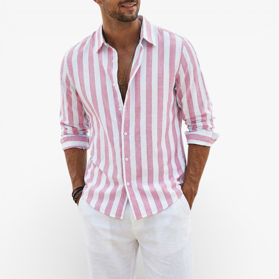 Mens Linen Cotton Summer Shirt Light Blue Striped