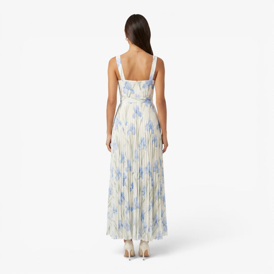 Women's Elegant Pleated Maxi Dress with Watercolor Print