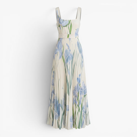 Women's Elegant Pleated Maxi Dress with Watercolor Print