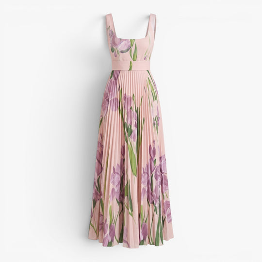 Women's Elegant Pleated Maxi Dress with Watercolor Print