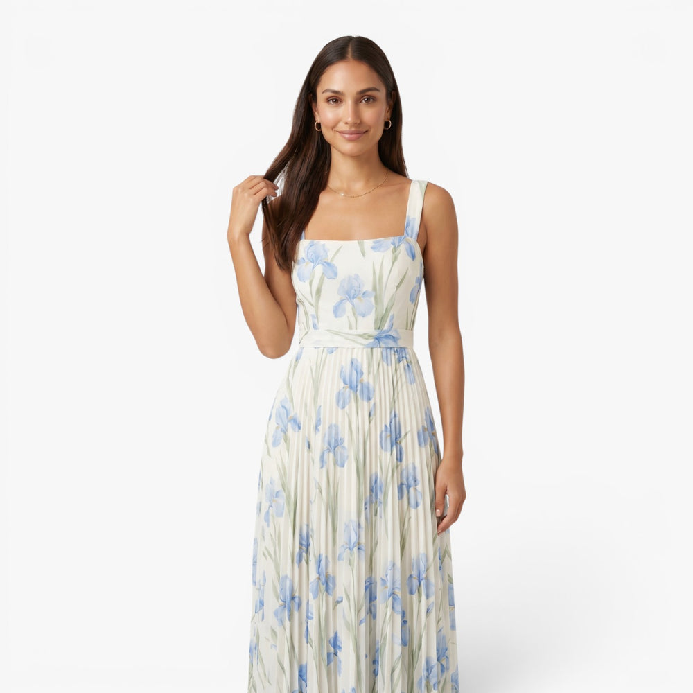 Women's Elegant Pleated Maxi Dress with Watercolor Print