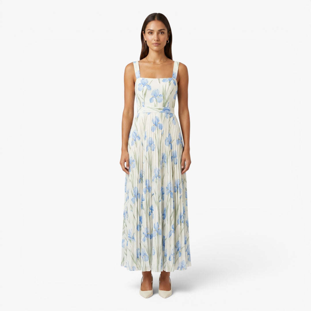 Women's Elegant Pleated Maxi Dress with Watercolor Print
