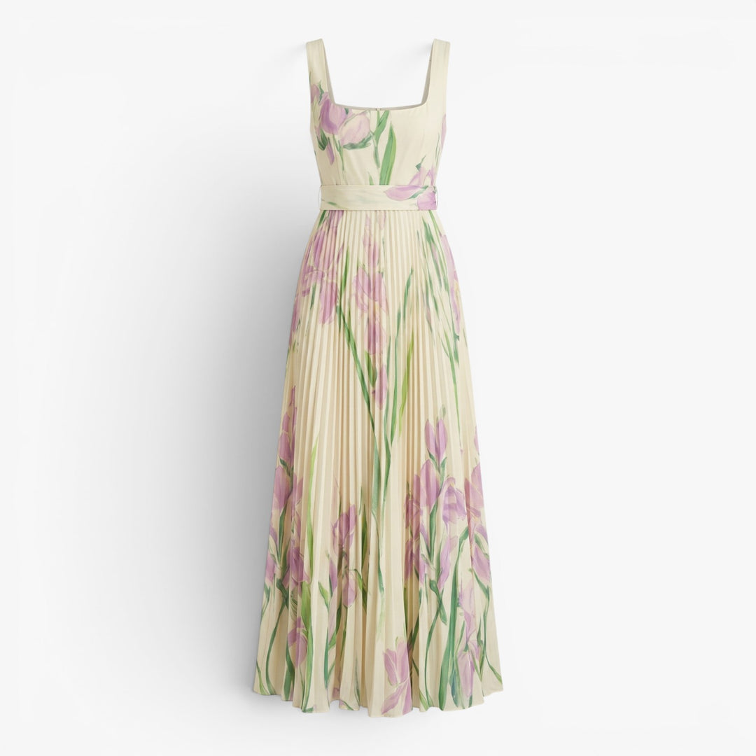 Women's Elegant Pleated Maxi Dress with Watercolor Print